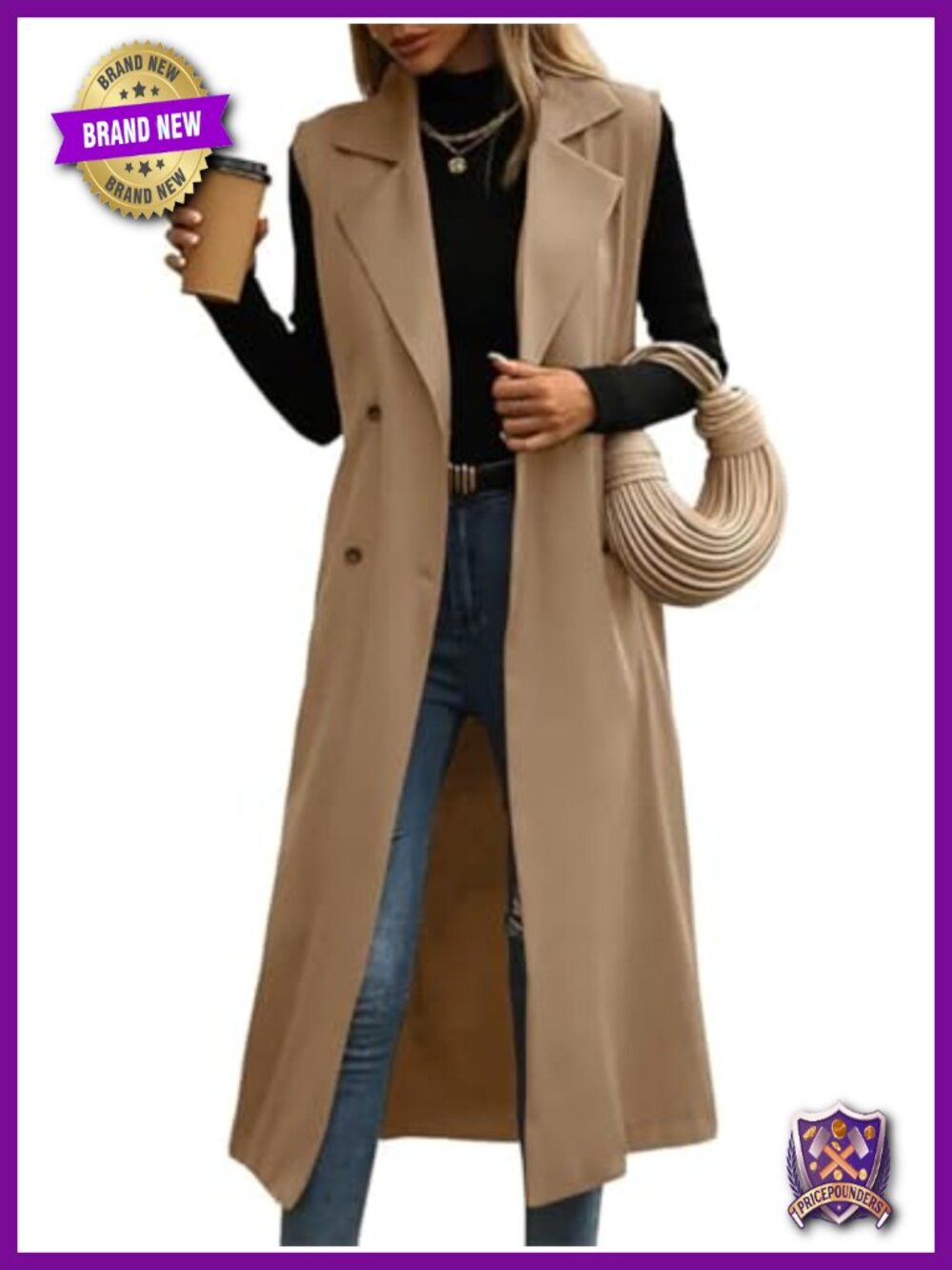 Womens Long Sleeveless Trench Vest Double Breasted Blazer Coat